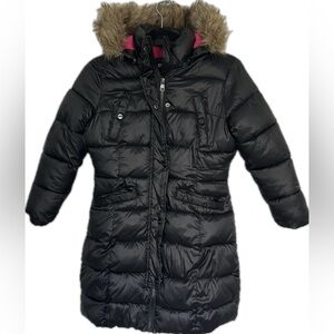 STEVE MADDEN Girl’s Puffer Coat‎ Blk/Hot Pink Lining Fur Trim Detach Hood S(7/8)